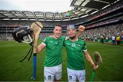 17 July 2022; Diarmaid Byrnes, left, and David Reidy of Limerick celebrate after the GAA Hurling All-Ireland Senior Championship Final match between Kilkenny and Limerick at Croke Park in Dublin. Photo by Stephen McCarthy/Sportsfile