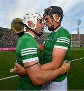 17 July 2022; Aaron Gillane, left, and Gearóid Hegarty of Limerick celebrate after the GAA Hurling All-Ireland Senior Championship Final match between Kilkenny and Limerick at Croke Park in Dublin. Photo by Ramsey Cardy/Sportsfile