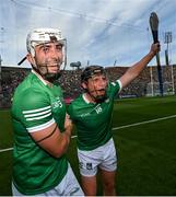 17 July 2022; Aaron Gillane, left, and Peter Casey of Limerick celebrate after the GAA Hurling All-Ireland Senior Championship Final match between Kilkenny and Limerick at Croke Park in Dublin. Photo by Ramsey Cardy/Sportsfile