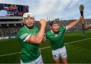 17 July 2022; Aaron Gillane, left, and Peter Casey of Limerick celebrate after the GAA Hurling All-Ireland Senior Championship Final match between Kilkenny and Limerick at Croke Park in Dublin. Photo by Ramsey Cardy/Sportsfile