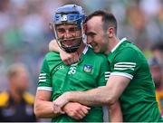 17 July 2022; Limerick players David Reidy, left, and Richie English celebrate after their side's victory in the GAA Hurling All-Ireland Senior Championship Final match between Kilkenny and Limerick at Croke Park in Dublin. Photo by Piaras Ó Mídheach/Sportsfile