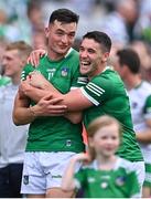 17 July 2022; Limerick players Kyle Hayes, left, and Seán Finn celebrate after their side's victory in the GAA Hurling All-Ireland Senior Championship Final match between Kilkenny and Limerick at Croke Park in Dublin. Photo by Piaras Ó Mídheach/Sportsfile