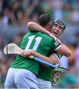 17 July 2022; Limerick players Diarmaid Byrnes, right, and Kyle Hayes celebrate after their side's victory in the GAA Hurling All-Ireland Senior Championship Final match between Kilkenny and Limerick at Croke Park in Dublin. Photo by Piaras Ó Mídheach/Sportsfile