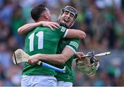 17 July 2022; Limerick players Diarmaid Byrnes, right, and Kyle Hayes celebrate after their side's victory in the GAA Hurling All-Ireland Senior Championship Final match between Kilkenny and Limerick at Croke Park in Dublin. Photo by Piaras Ó Mídheach/Sportsfile