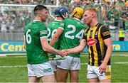 17 July 2022; Declan Hannon of Limerick and Adrian Mullen of Kilkenny after the GAA Hurling All-Ireland Senior Championship Final match between Kilkenny and Limerick at Croke Park in Dublin. Photo by Ramsey Cardy/Sportsfile