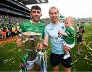 17 July 2022; Aaron Gillane, Cian Lynch and his nephew Ché celebrate with the Liam MacCarthy Cup after the GAA Hurling All-Ireland Senior Championship Final match between Kilkenny and Limerick at Croke Park in Dublin. Photo by Stephen McCarthy/Sportsfile