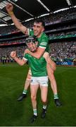 17 July 2022; Diarmaid Byrnes, below, and Aaron Gillane of Limerick celebrate after the GAA Hurling All-Ireland Senior Championship Final match between Kilkenny and Limerick at Croke Park in Dublin. Photo by Ramsey Cardy/Sportsfile