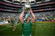 17 July 2022; Seán Finn of Limerick celebrates with the Liam MacCarthy Cup after the GAA Hurling All-Ireland Senior Championship Final match between Kilkenny and Limerick at Croke Park in Dublin. Photo by Stephen McCarthy/Sportsfile