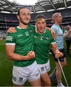17 July 2022; Tom Morrissey, left, and Mike Casey of Limerick celebrate after the GAA Hurling All-Ireland Senior Championship Final match between Kilkenny and Limerick at Croke Park in Dublin. Photo by Ramsey Cardy/Sportsfile