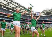 17 July 2022; Gearóid Hegarty, left, and Aaron Gillane of Limerick with the Liam MacCarthy Cup after their side's victory in the GAA Hurling All-Ireland Senior Championship Final match between Kilkenny and Limerick at Croke Park in Dublin. Photo by Harry Murphy/Sportsfile