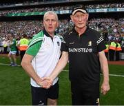 17 July 2022; Limerick manager John Kiely and Kilkenny manager Brian Cody shake hands after the GAA Hurling All-Ireland Senior Championship Final match between Kilkenny and Limerick at Croke Park in Dublin. Photo by Harry Murphy/Sportsfile