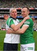 17 July 2022; Limerick manager John Kiely and Richie English of Limerick embrace after their side's victory in the GAA Hurling All-Ireland Senior Championship Final match between Kilkenny and Limerick at Croke Park in Dublin. Photo by Harry Murphy/Sportsfile