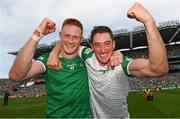 17 July 2022; William O'Donoghue, left, and Nickie Quaid of Limerick after their side's victory in the GAA Hurling All-Ireland Senior Championship Final match between Kilkenny and Limerick at Croke Park in Dublin. Photo by Harry Murphy/Sportsfile