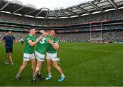 17 July 2022; Limerick players, from left, Barry Murphy, Aaron Gillane and Seán Finn embrac after their side's victory in the GAA Hurling All-Ireland Senior Championship Final match between Kilkenny and Limerick at Croke Park in Dublin. Photo by Harry Murphy/Sportsfile