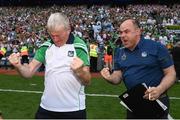 17 July 2022; Limerick manager John Kiely celebrates with Limerick County Board secretary Mike O'Riordan after their side's victory in the GAA Hurling All-Ireland Senior Championship Final match between Kilkenny and Limerick at Croke Park in Dublin. Photo by Harry Murphy/Sportsfile