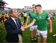 17 July 2022; Limerick sponsor JP McManus with Aaron Gillane of Limerick after the GAA Hurling All-Ireland Senior Championship Final match between Kilkenny and Limerick at Croke Park in Dublin. Photo by Stephen McCarthy/Sportsfile