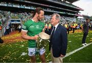 17 July 2022; Limerick sponsor JP McManus and Tom Morrissey holding the Liam MacCarthy Cup after the GAA Hurling All-Ireland Senior Championship Final match between Kilkenny and Limerick at Croke Park in Dublin. Photo by Stephen McCarthy/Sportsfile