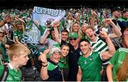 17 July 2022; Seán Finn of Limerick celebrates with family after the GAA Hurling All-Ireland Senior Championship Final match between Kilkenny and Limerick at Croke Park in Dublin. Photo by Ramsey Cardy/Sportsfile
