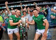17 July 2022; Tom Morrissey, left, and Dan Morrissey of Limerick celebrate after the GAA Hurling All-Ireland Senior Championship Final match between Kilkenny and Limerick at Croke Park in Dublin. Photo by Ramsey Cardy/Sportsfile