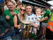 17 July 2022; Limerick goalkeeper Barry Hennessy celebrates with this wife Elaine, daughter Hope and Liam MacCarthy Cup after the GAA Hurling All-Ireland Senior Championship Final match between Kilkenny and Limerick at Croke Park in Dublin. Photo by Stephen McCarthy/Sportsfile