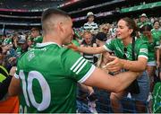 17 July 2022; Gearóid Hegarty of Limerick celebrates with his partner Niamh McCarthy after the GAA Hurling All-Ireland Senior Championship Final match between Kilkenny and Limerick at Croke Park in Dublin. Photo by Stephen McCarthy/Sportsfile