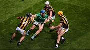 17 July 2022; Mike Casey of Limerick in action against Kilkenny players, left to right, Mikey Butler, Cian Kenny, and Billy Ryan during the GAA Hurling All-Ireland Senior Championship Final match between Kilkenny and Limerick at Croke Park in Dublin. Photo by Daire Brennan/Sportsfile