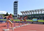 17 July 2022; Nafissatou Thiam of Belgium, right, on her way to winning her women's 100m hurdles heat of the women's heptathlon during day three of the World Athletics Championships at Hayward Field in Eugene, Oregon, USA. Photo by Sam Barnes/Sportsfile