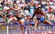 17 July 2022; Michelle Atherley of USA, right, on her way to winning her women's 100m hurdles heat of the women's heptathlon, ahead of Noor Vidts of Belgium who finished fourth during day three of the World Athletics Championships at Hayward Field in Eugene, Oregon, USA. Photo by Sam Barnes/Sportsfile