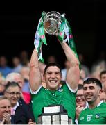 17 July 2022; Seán Finn of Limerick lifts the Liam MacCarthy Cup after the GAA Hurling All-Ireland Senior Championship Final match between Kilkenny and Limerick at Croke Park in Dublin. Photo by Stephen McCarthy/Sportsfile