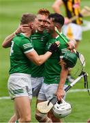 17 July 2022; Limerick players, Séamus Flanagan, left, William O'Donoghue of Limerick and Aaron Gillane celebrate after the GAA Hurling All-Ireland Senior Championship Final match between Kilkenny and Limerick at Croke Park in Dublin. Photo by Ray McManus/Sportsfile