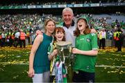 17 July 2022; Limerick manager John Kiely, his wife Louise and daughters Aoife and Ruth, right, celebrate with the Liam MacCarthy Cup after the GAA Hurling All-Ireland Senior Championship Final match between Kilkenny and Limerick at Croke Park in Dublin. Photo by Stephen McCarthy/Sportsfile