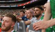 17 July 2022; Limerick players, including Cian Lynch, centre, watch the last few minutes of the GAA Hurling All-Ireland Senior Championship Final match between Kilkenny and Limerick at Croke Park in Dublin. Photo by Ray McManus/Sportsfile