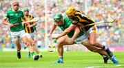 17 July 2022; Seán Finn of Limerick in action against Billy Ryan of Kilkenny during the GAA Hurling All-Ireland Senior Championship Final match between Kilkenny and Limerick at Croke Park in Dublin. Photo by Stephen McCarthy/Sportsfile