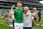 17 July 2022; William O'Donoghue of Limerick and maor cumán-uisce Conor McCarthy after their side's victory in the GAA Hurling All-Ireland Senior Championship Final match between Kilkenny and Limerick at Croke Park in Dublin. Photo by Harry Murphy/Sportsfile