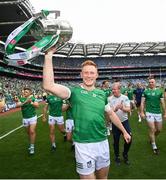 17 July 2022; William O'Donoghue of Limerick celebrates with the Liam MacCarthy Cup after the GAA Hurling All-Ireland Senior Championship Final match between Kilkenny and Limerick at Croke Park in Dublin. Photo by Stephen McCarthy/Sportsfile