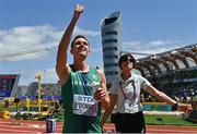 17 July 2022; Chris O'Donnell of Ireland celebrates after finishing fourth in his men's 400m heat during day three of the World Athletics Championships at Hayward Field in Eugene, Oregon, USA. Photo by Sam Barnes/Sportsfile