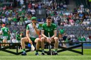 17 July 2022; Limerick goalkeeper Nickie Quaid and captain Declan Hannon await the arrival of their teammates for the pre-match team photograph in advance of the GAA Hurling All-Ireland Senior Championship Final match between Kilkenny and Limerick at Croke Park in Dublin. Photo by Ray McManus/Sportsfile