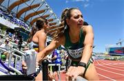 17 July 2022; Sophie Becker of Ireland grabs a bottle of water after competing in the women's 400m heats during day three of the World Athletics Championships at Hayward Field in Eugene, Oregon, USA. Photo by Sam Barnes/Sportsfile