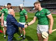 17 July 2022; President of Ireland Michael D Higgins meets Séamus Flanagan of Limerick before the GAA Hurling All-Ireland Senior Championship Final match between Kilkenny and Limerick at Croke Park in Dublin. Photo by Seb Daly/Sportsfile