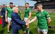 17 July 2022; President of Ireland Michael D Higgins meets Graeme Mulcahy of Limerick before the GAA Hurling All-Ireland Senior Championship Final match between Kilkenny and Limerick at Croke Park in Dublin. Photo by Seb Daly/Sportsfile