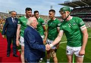 17 July 2022; President of Ireland Michael D Higgins meets William O'Donoghue of Limerick before the GAA Hurling All-Ireland Senior Championship Final match between Kilkenny and Limerick at Croke Park in Dublin. Photo by Seb Daly/Sportsfile