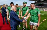 17 July 2022; President of Ireland Michael D Higgins meets Darragh O'Donovan of Limerick before the GAA Hurling All-Ireland Senior Championship Final match between Kilkenny and Limerick at Croke Park in Dublin. Photo by Seb Daly/Sportsfile