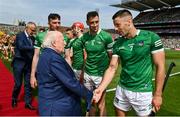 17 July 2022; President of Ireland Michael D Higgins meets Dan Morrissey of Limerick before the GAA Hurling All-Ireland Senior Championship Final match between Kilkenny and Limerick at Croke Park in Dublin. Photo by Seb Daly/Sportsfile