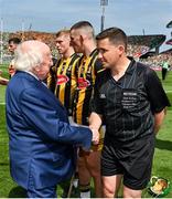 17 July 2022; President of Ireland Michael D Higgins meets referee Colm Lyons before the GAA Hurling All-Ireland Senior Championship Final match between Kilkenny and Limerick at Croke Park in Dublin. Photo by Seb Daly/Sportsfile