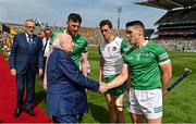 17 July 2022; President of Ireland Michael D Higgins meets Seán Finn of Limerick before the GAA Hurling All-Ireland Senior Championship Final match between Kilkenny and Limerick at Croke Park in Dublin. Photo by Seb Daly/Sportsfile
