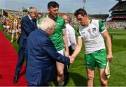 17 July 2022; President of Ireland Michael D Higgins meets Limerick goalkeeper Nickie Quaid before the GAA Hurling All-Ireland Senior Championship Final match between Kilkenny and Limerick at Croke Park in Dublin. Photo by Seb Daly/Sportsfile
