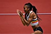 17 July 2022; Nafissatou Thiam of Belgium celebrates a clearance whilst competing in the high jump of the women's heptathlon during day three of the World Athletics Championships at Hayward Field in Eugene, Oregon, USA. Photo by Sam Barnes/Sportsfile