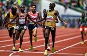 17 July 2022; Joshua Cheptegei of Uganda, centre, celebrates winning gold in the men's 10,000m final during day three of the World Athletics Championships at Hayward Field in Eugene, Oregon, USA. Photo by Sam Barnes/Sportsfile