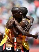 17 July 2022; Joshua Cheptegei of Uganda, left, and Jacob Kiplimo of Uganda embrace, after winning gold and bronze respectively in the men's 10,000m final during day three of the World Athletics Championships at Hayward Field in Eugene, Oregon, USA. Photo by Sam Barnes/Sportsfile
