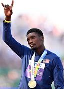 17 July 2022; Fred Kerley of USA acknowledges the crowd after receiving his men's 100m gold medal during day three of the World Athletics Championships at Hayward Field in Eugene, Oregon, USA. Photo by Sam Barnes/Sportsfile